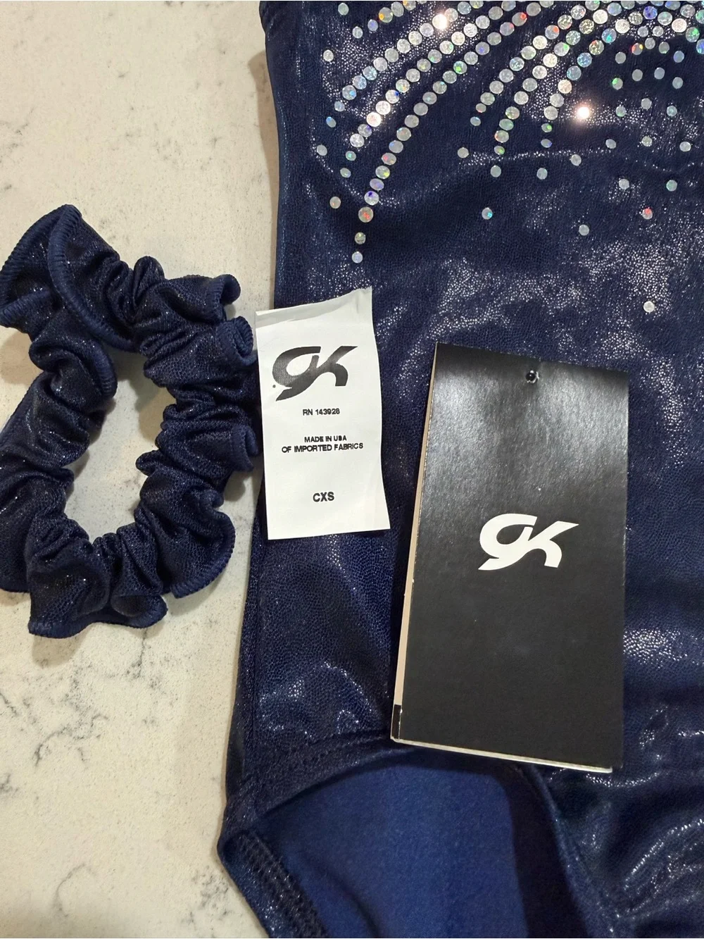 GK Navy Shimmer Gymnastics Leotard with Rhinestone Arc